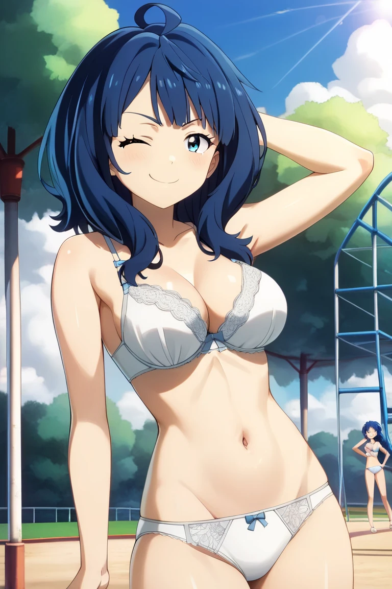 yanamianna, medium hair, ahoge, middium breasts,blue hair,blue eyes, large breast, white bra, lace bra, white panties, lace panties, shiny skin, smug face, smile, (closed one eye:1.2), wink, one hand behind head, armpit, another hand on hip, straddl on balance ball, looking viewer, from front, public park, playground equipment, slide, sunshine, summer days, wide shot, (masterpiece, best quality, high resolution, ultra-detailed:1.3), perfect fingers, detailed background, anime