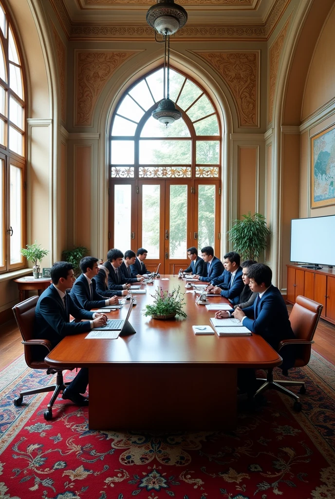"Japanese officers, group meeting, resistance era, WW2, military uniforms, indoor, conference room, strategic planning, historical, intense atmosphere"