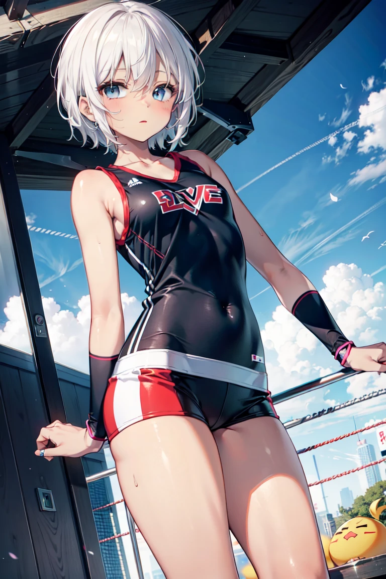 (Original Character、Unity 16K Wallpaper, Masterpiece, Best Quality, Ultra-Detailed, Extremely Detailed CG, Caustics, Cinematic Lighting, Detailed, Beautiful Detailed Eyes, solo), Ultra High Resolution, fine skin, (track and field:1.2) 、(strong light)、oily skin,smile , from front:1.2、(sexy women)、Arena、full body shot、separate、racing bloomers、show off belly,show off neck,sunny day、cowboy shot,gray hair、sit on the bench,open legs,pixie cut,blush angry,High ponytail