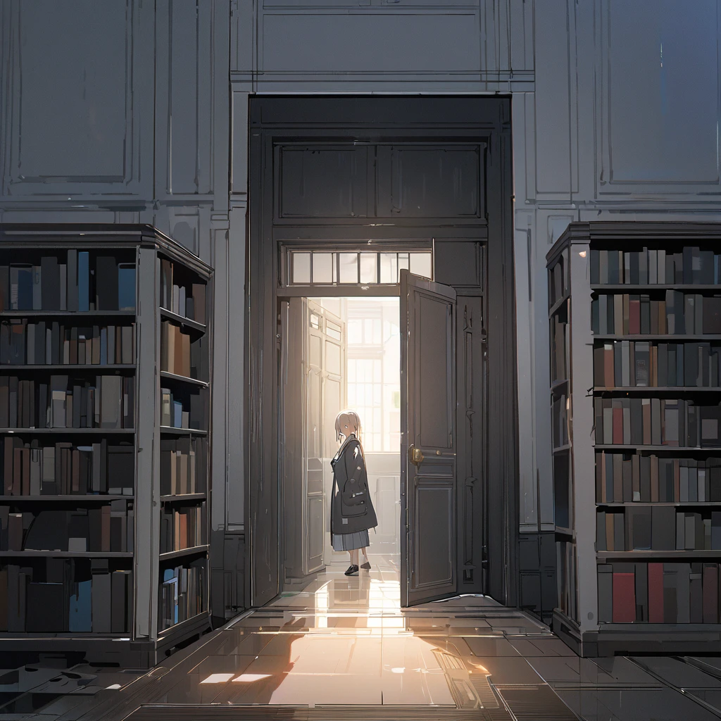 （masterpiece,  best quality:1.2)、Library、（（door、In front））、Just a little bit empty、Light is leaking 、evening、