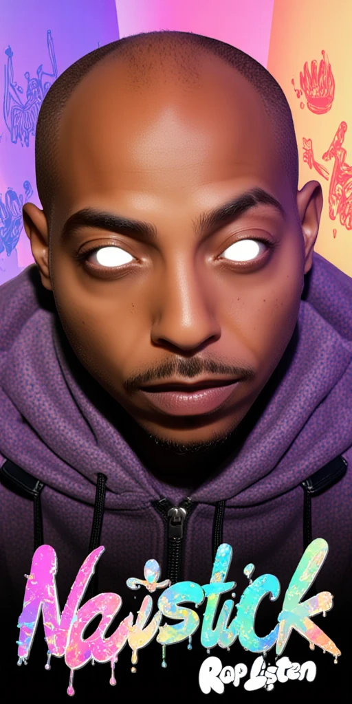 3D animated Character Nztykle . The man is Muscular Wearing Streetwear, the man has super close shaven skin Bald Head::5.1 , dreamscape portraiture, eye-catching detail, A 3D render of an anime-style bald-headed character with brown skin and glowing white eyes. The character is set against an Vibrant Pastel The character exudes a mysterious aura. The background contains provocative text phrases like "Raptile," "Talijuano," and shocking confessions. The words "NA LISTEN" are prominently displayed in large, bold letters at the bottom, with a random and creative color scheme that is 3 contrasting colors that are interesting . The scene is further enhanced with mature elements such as 18+ icons, , and a smirking emoji, adding a controversial and mature touch to the theme. highly detailed illustrations, in the style of 8k resolution, in the style of realistic detail, juxtaposition of hard and soft lines, 3D animated Character Nztykle powerful warlock in streetwear NIke x Takashi Murakami x Raf Simmons x Yeezy x Pharrell Williams x Kaws, avatar animated style, 3d, 8k, in the style of Jed-clrfl