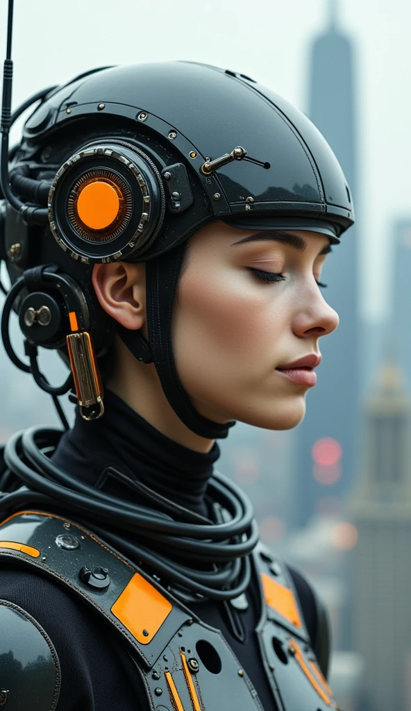 The image is a close-up portrait of a young woman's face and upper body. She is wearing a futuristic helmet with orange and black accents. The helmet is made up of various electronic components, including wires, cables, and gears. The woman's eyes are closed and her expression is peaceful and serene. The background is blurred, but it appears to be a cityscape with buildings and skyscrapers. The overall mood of the image is futuristic and futuristic.