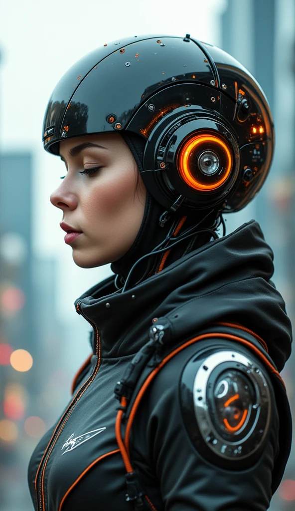 The image is a close-up portrait of a young woman's face and upper body. She is wearing a futuristic helmet with orange and black accents. The helmet is made up of various electronic components, including wires, cables, and gears. The woman's eyes are closed and her expression is peaceful and serene. The background is blurred, but it appears to be a cityscape with buildings and skyscrapers. The overall mood of the image is futuristic and futuristic.