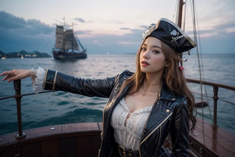 japanese woman、young、beautiful skin、gal、on board、elation、short hair、blonde hair、pirate、Pirate costumes、pistol