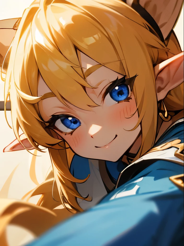 girl, golden hair, blue eyes , wearing a slitherin shirt,has elf ears,Smile brightly,Rice skin ,Cute face