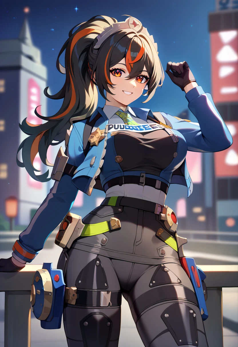 (Masterpiece, Ultra-high resolution, 8k, High Quality, Top quality, High-Detailed, Detailed CG, Cinematic Shadow:0.5, Beautiful Detailed Eyes, Ultra Resolution, Depth of Field, High Resolution, Masterpiece: 1.2), (Anime Art style), (cowboy shot), (night:1.4), (city:1.4), 1girl, solo, zhu yuan, orange eyes, black hair, long hair, streaked hair, ponytail, metal hairband, police uniform, blue jacket, cropped jacket, long sleeves, black vest, two-tone vest, black gloves, green necktie, plaid necktie, black pants, high-waist pants, belt, thigh straps, knee pads, holster, tight pants, blue footwear, large breasts, beautiful breasts, smile, 