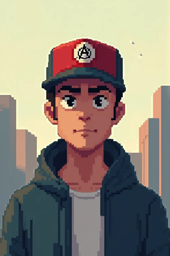 man with cap ancap ,  pixelated animation style