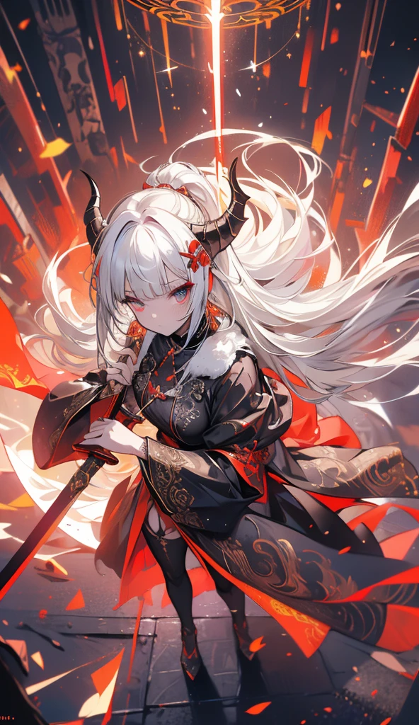 (masterpiece), (best quality), (detailed), light layer, lustrous skin, (intricate detailed , taut clothes, , demon wings,hair ornament :1.2), from above, white hair, black choker, long hair, hime cut, demon horns, circular demon horns, woman, blunt bangs, sidelocks, thicc, rainbow eyes, imperatriz, holding quarterstaff,holding scythe,holding sword, (mature female:1.1),full body, side-ponytails, (simple background:1.1),  