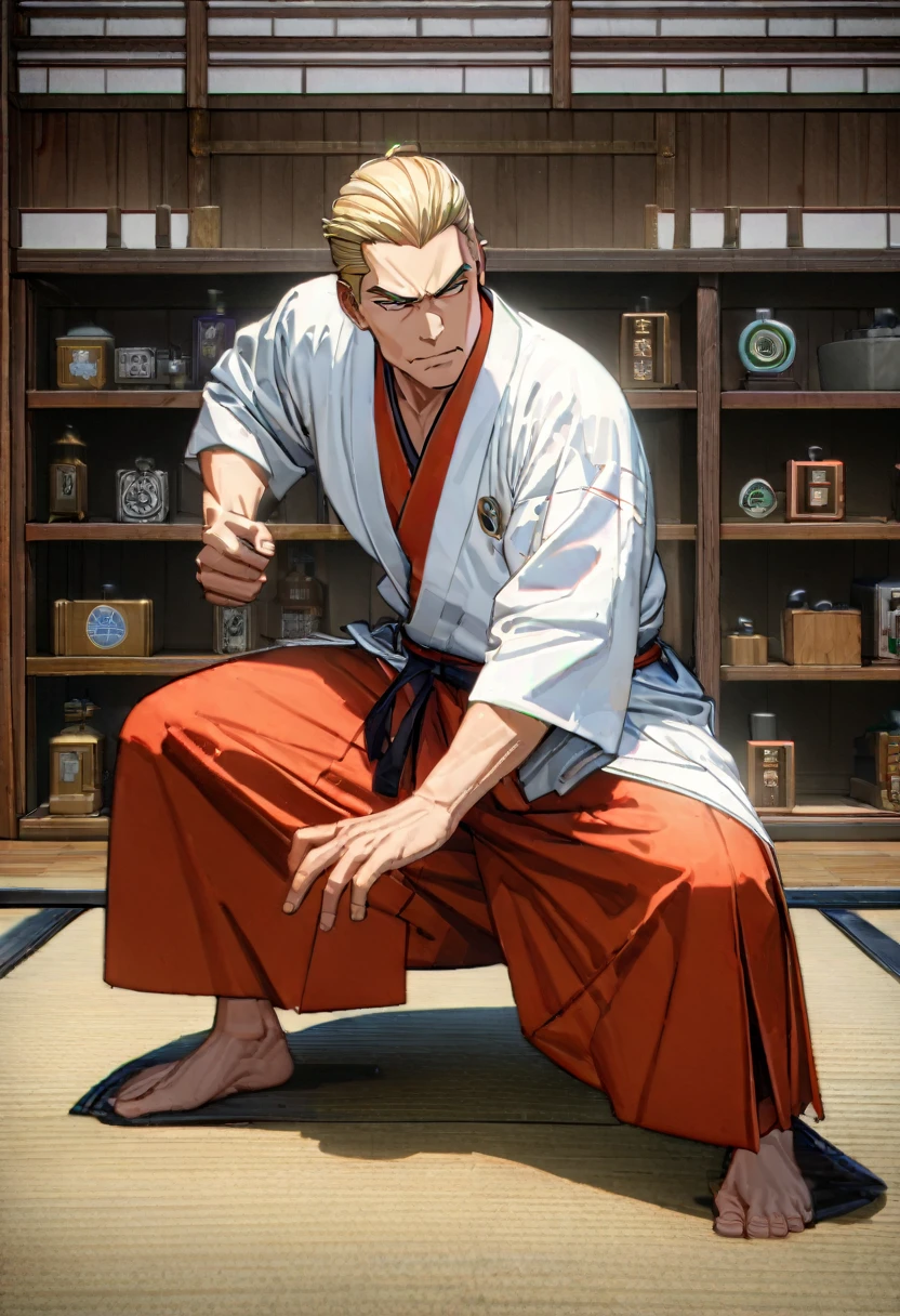  score_9,  score_8_up, score_7_up, 1man, blonde hair, hair slicked back, 50 years old,  sharp eyesight , Bad guy face, Charisma,  tight body, White uniform:1.4, Red Hakama, barefoot, Assuming a counter stance, (((UHD, masterpiece, anatomically correct, textured skin, super detail, high details, best quality,  highres icon, 8k))), 古いJapanese styleの道場, Inside the dojo, Japanese style