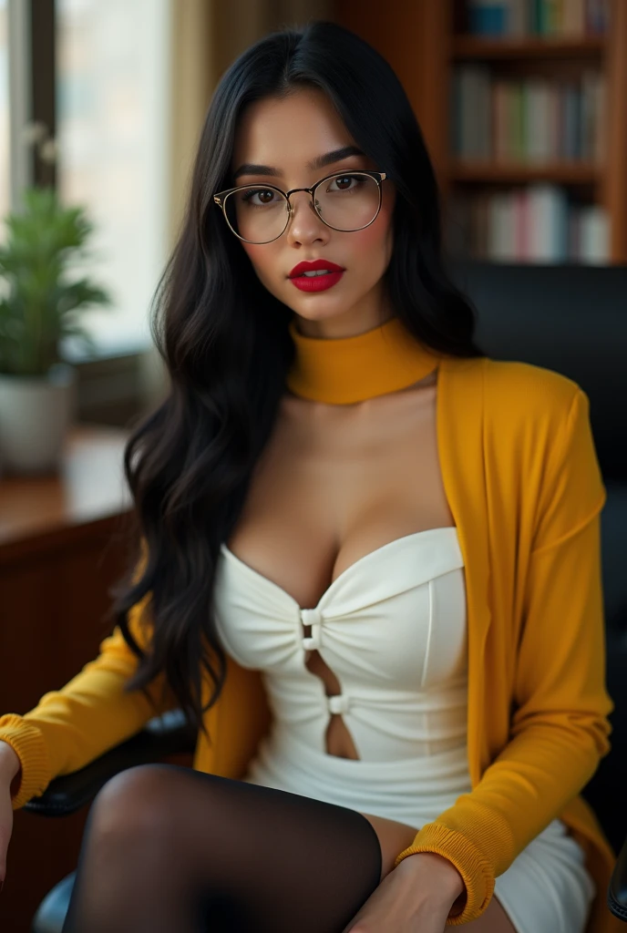 ultra realistic, photography, long black straight hair, elegant hair, (30 years old, hazel eyes, hourglass figure, perfect fit body, natural big breasts), firtatious look, femme fatale, long eyelashes, cat-eye make-up, (best quality,4k,8k,highres,masterpiece:1.2),ultra-detailed, secretary, female, glasses, short white dress, Yellow overshirt, black pantyhose, heels, sitting at the front desk of huge law firm, HDR, 8k, absurdres, cinestill 800, sharp focus, add_detail:2, (solo, woman)