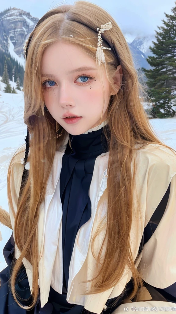  Pretty woman,cute,huge natural breasts, blonde hair curly/flowing, detailed dark BLUE eyes and face, not to skinny, make it ultra-realistic, western european girl, in the snow in the mountains, ripped off nun uniform (sexy nun), extremely detailed blue eyes, extremely long wavy blonde hair, naked breasts, in a car - detailed illustration