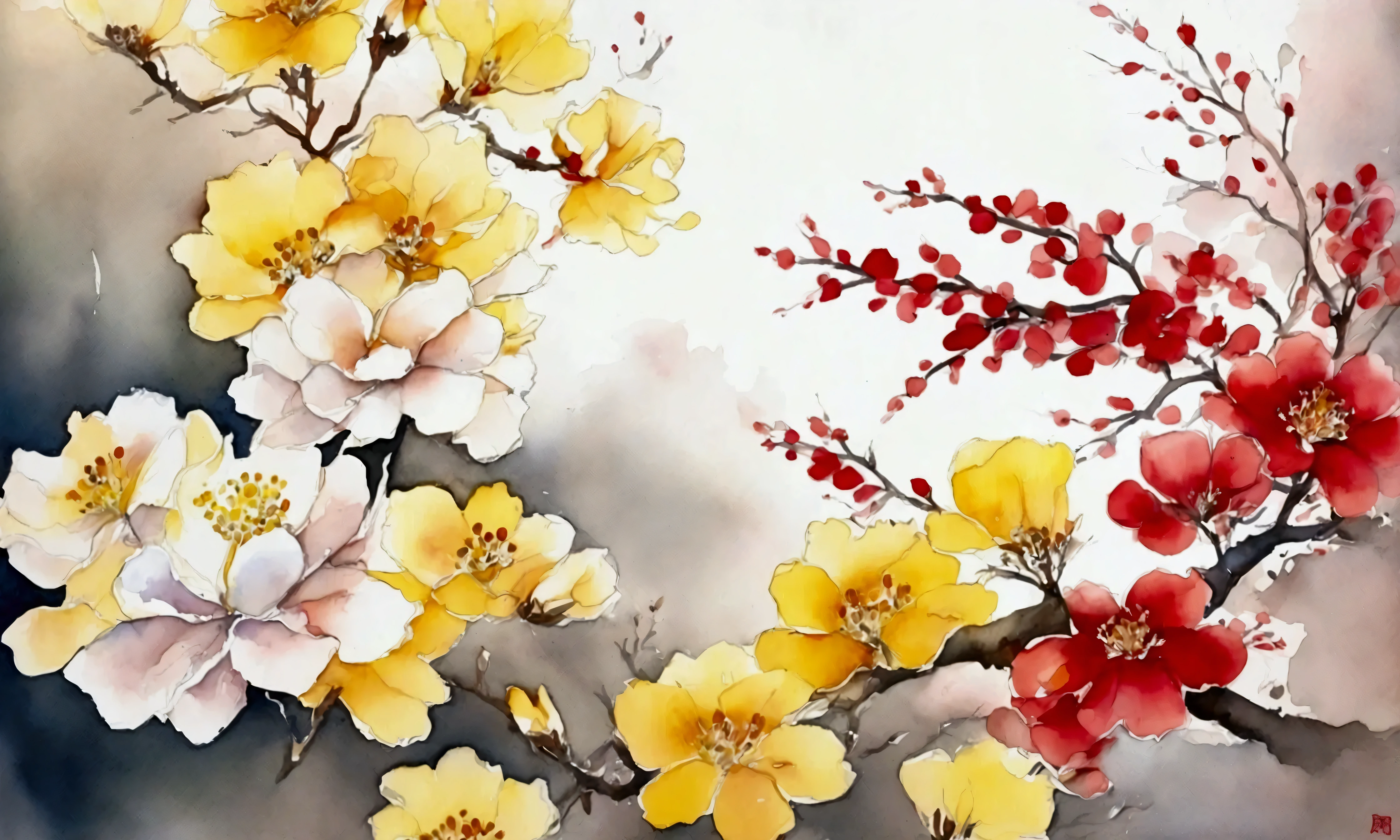Branches with lots of red grains and lots of yellow flowers blooming around、(Watercolor:1.2)、(White and yellow flowers )