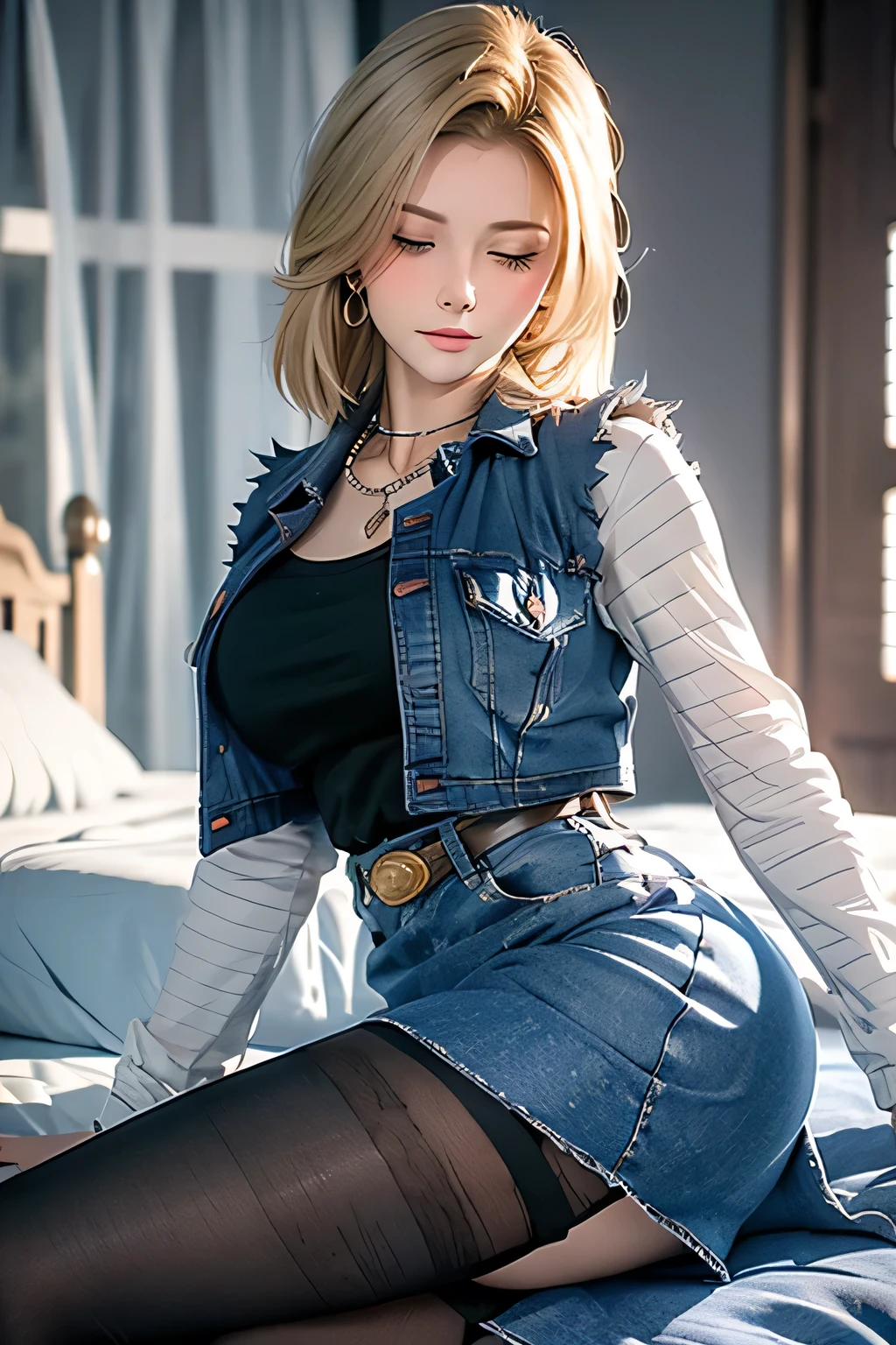 (best quality:1.3),(awesome amazing detailed:1.3), (Android 18 lying back down on bed:1.3),(large breasts:1.1),light smile,(half-closed eyes:0.9),(blush:1.5),(wearing Black t-shirt and mini denim blue skirt and pantyhose:1.1),bow legs, BREAK (infirmary bed:1.3),(divider curtain on side:1.1),(masterpiece, best quality:1.2),illustration,8k,hd,1girl,solo,upper body,(portrait:1.2),blonde_hair,folded_,green_eyes,serafuku,medium_hair,denim_skirt,denim_vest, Android 18, Light Blonde hair, Medium hair shaggy cut for women, Blue Transparent eyes of Slavic Caucasians, She has sexy double eyelids above and below her eyes, The flash in the eyeballs is brilliant, She is not wearing any jewelry such as a necklace around her neck, open-chested Black -shirt, Not wearing a bra, She only Wears round earrings, Tight Long sleeves with black stripes on a white background, Blue denim mini vest, Blue denim mini skirt, The denim mini skirt and denim mini vest set in the same blue color, The mini denim vest does not have a zipper, but the mini denim skirt does, and the denim vest has five silver buttons to fasten the garment, The denim skirt's zipper seam line and stitching run vertically straight to the bottom of the skirt, and the denim vest has no zipper, so it's clean, Open-chested denim vest, Large breasts, Women's Western Cowboy Belt, Brown see-through pantyhose, Western short boots, Looking at viewer, Her whole body is visible on the screen, She is standing in front of Viewer, Android 18 kisses the viewer with half-closed eyes the bench, One eye is half-open, staring seductively at someone in front of you, and the other eye is completely closed, Her entire body is visible on the screen from viewer, She places her right hand on her big ass and supports her left-side breast with her left arm, She brings her whole body and face forward to you, She takes her tongue out of her mouth, and She tastes her lips for her tongue, Blue sky, outside, park, grass, Summer, trees, 