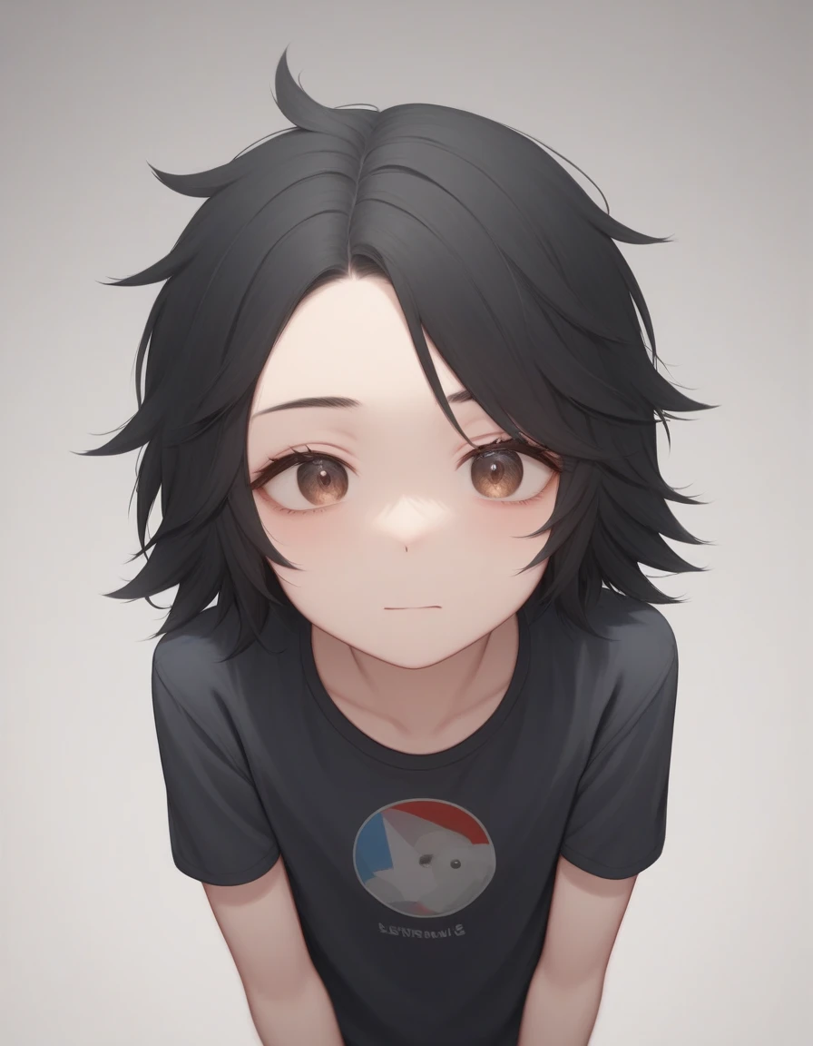 Perfect, masterpiece, anime trap, trap, femboy, cute femboy, kawaii, short hair, black hair, brown eyes, cute, original character, anime style, soft colours, close up, soft shading, cute, kawaii, male, skinny, slim, androgynous, lovely boy, soft eyes, long lashes, skinny, cutest boy, slim face, pale, muted colours, softest colours, small eyes, fluffy hair, black hair, mullet, soft bangs, short, femboy, petite, as viewed from above, flat colours, tiny, miniguy, shrunk, tiny guy, giant background, 1cm tall, borrower, surrounded by giant objects, standing on floor, viewed from above