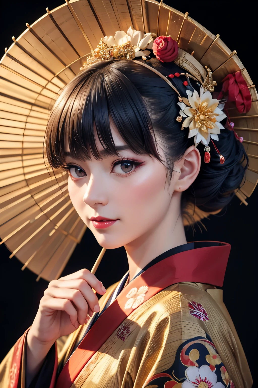 a beautiful young japanese woman, geisha, traditional japanese hairstyle, pale skin, small eyes, red lips, black kimono with flowers, detailed portrait, intricate details, highly detailed, masterpiece, (best quality,4k,8k,highres,masterpiece:1.2),ultra-detailed,(realistic,photorealistic,photo-realistic:1.37),vivid colors,studio lighting,extremely detailed face and eyes,gorgeous kimono,elegant pose,serene expression, sandálias meias brancas, kioto tradicional streets,