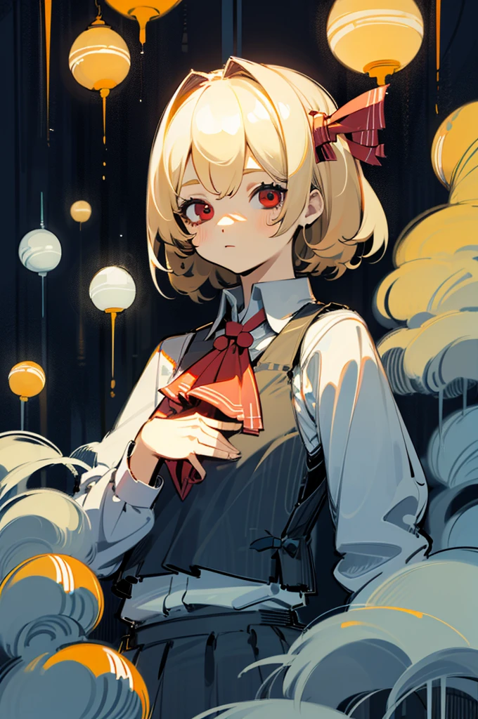 1人の***, upper body, 1girl,blonde hair,red eyes,bow,ascot,shirt,vest,skirt