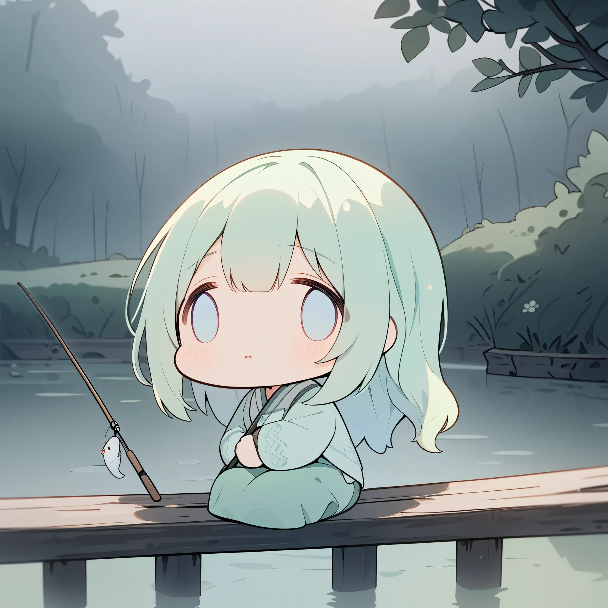 masterpiece, best quality, ultra-detailed, pastel tones, 
theme color green,chibi, masterpiece, best quality, 8k, highres, ultra-detailed, chibi, 1girl,girl close up, back view, fxmeme, long hair, pastel hair color, holding fishing rod, enjoying fishing,indian style sitting, ancient bridge, moss covered, overgrown vines, sitting on bridge, dense fog, soft light, tranquil atmosphere, muted colors, serene landscape, ethereal ambiance, weathered materials, diffuse lighting, mystical environment, lake, fish poking head out of water, playful, cute, foggy effect covering the scene