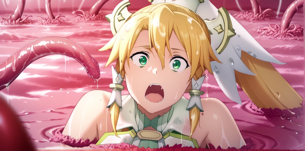 one girl, Alone, detached sleeves, suguha kirigaya, long hair, blonde hair, hair ornament, green eyes, ponytail, hair tubes, bare shoulders, gloves, white gloves, wet hair, In the swamp, quicksand, quick sand, Rub your boobs with your tentacles, wet hair , sink in the swamp, tentacles, Game CG,  best quality,  detailed eyes on board, detailed face , masterpiece, super detail, Tentacles grow from swamps , Face Zoom, submerged, Half-body bath,  puddle, brick,  tentacles get inside your clothes, to close range,  open your mouth ,  surprised face, Look Up, Rub your face with your tentacles 