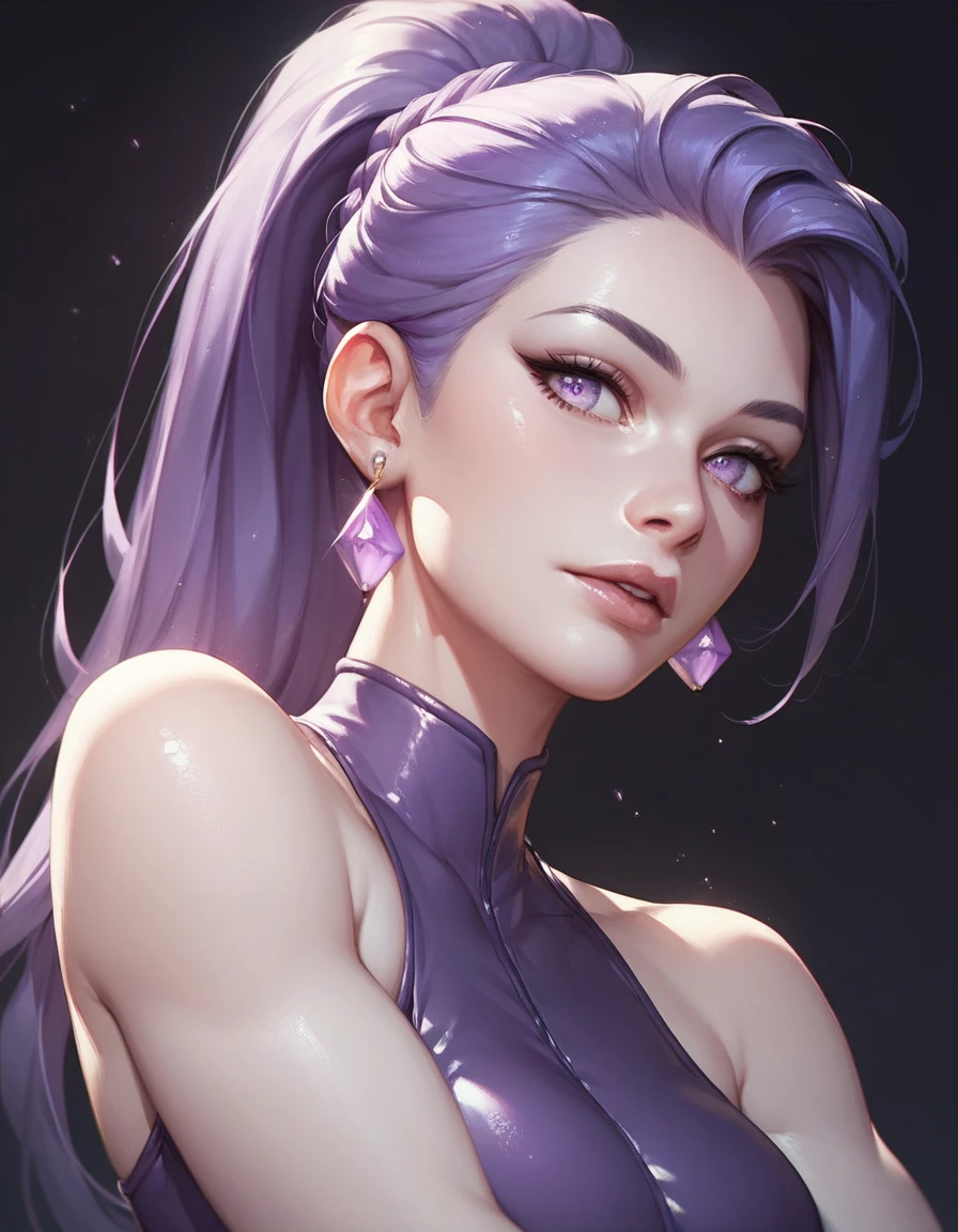 female sleeveless purple catsuit with bare shoulders and racerback, bare toned arms, beautiful faces, purple ponytail with showing forehead, earrings, soft smooth skin, pale skin, black background, lavender eyes, sci-fi, high contrast