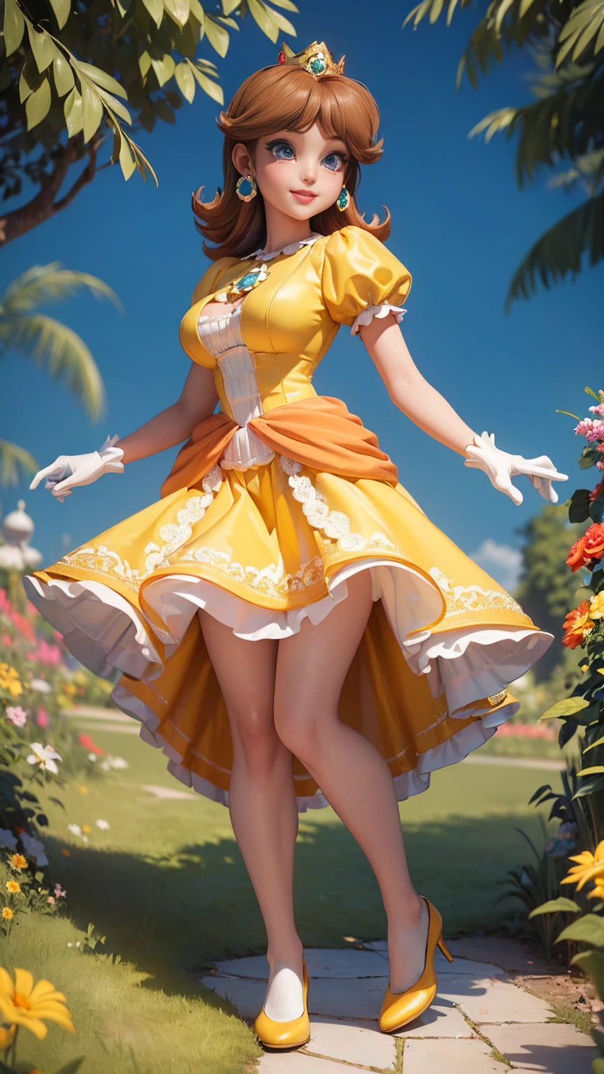 ((masterpiece,best quality,ultra-delicate,Perfect Face,detailed eyes,16k,high resolution,very beautiful girl)), princess daisy, yellow princess dress, white gloves, brown hair,large breasts,full body shot,smile,energetic,many flower garden