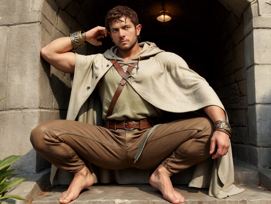 Character Details, male, The Hobbit, single,  no shoes , barefoot,  shorthair ,  Pixie Haircut , Leg hair, Cape, Hood on head,  curly hair,  white skin, middle ages, Adventurer,  Fantasy ,  chocolate colored hair , Dark green cloak,  Brown Eyes , anger, 頬に大きなscar, Sword on belt, Bone Bracelet, (scar), Lots of Shadows, Dark Color, Brown Pants, Milk Shirt,