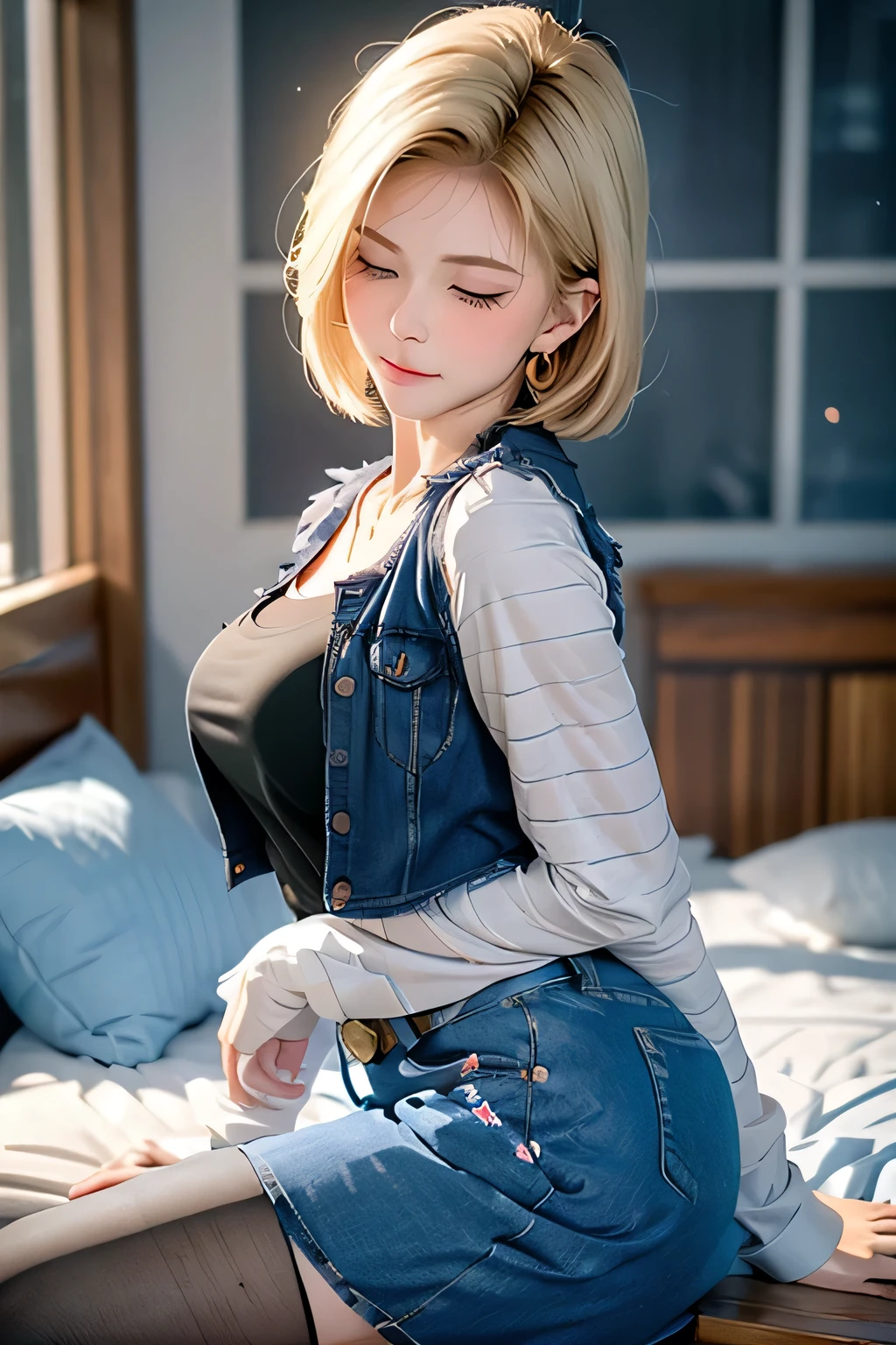 (best quality:1.3),(awesome amazing detailed:1.3), (Android 18 lying back down on bed:1.3),(large breasts:1.1),light smile,(half-closed eyes:0.9),(blush:1.5),(wearing Black t-shirt and mini denim blue skirt and pantyhose:1.1),bow legs, BREAK (infirmary bed:1.3),(divider curtain on side:1.1),(masterpiece, best quality:1.2),illustration,8k,hd,1girl,solo,upper body,(portrait:1.2),blonde_hair,folded_,green_eyes,serafuku,medium_hair,denim_skirt,denim_vest, Android 18, Light Blonde hair, Medium hair shaggy cut for women, Blue Transparent eyes of Slavic Caucasians, She has sexy double eyelids above and below her eyes, The flash in the eyeballs is brilliant, She is not wearing any jewelry such as a necklace around her neck, open-chested Black -shirt, Not wearing a bra, She only Wears round earrings, Tight Long sleeves with black stripes on a white background, Blue denim mini vest, Blue denim mini skirt, The denim mini skirt and denim mini vest set in the same blue color, The mini denim vest does not have a zipper, but the mini denim skirt does, and the denim vest has five silver buttons to fasten the garment, The denim skirt's zipper seam line and stitching run vertically straight to the bottom of the skirt, and the denim vest has no zipper, so it's clean, Open-chested denim vest, Large breasts, Women's Western Cowboy Belt, Brown see-through pantyhose, Western short boots, Looking at viewer, Her whole body is visible on the screen, She is standing in front of Viewer, Android 18 kisses the viewer with half-closed eyes the bench, One eye is half-open, staring seductively at someone in front of you, and the other eye is completely closed, Her entire body is visible on the screen from viewer, She places her right hand on her big ass and supports her left-side breast with her left arm, She brings her whole body and face forward to you, She takes her tongue out of her mouth, and She tastes her lips for her tongue, Blue sky, outside, park, grass, Summer, trees, 