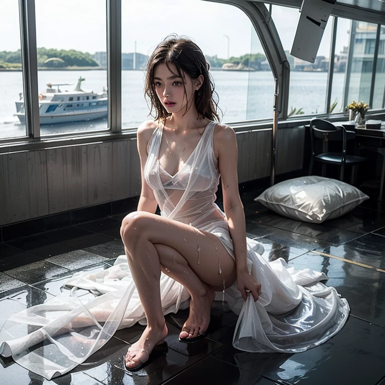 (( best quality)), ((masterpiece)), (( 1 girl)), nude,No underwear,(( wet skin )),Alone, ferry, (( wet hair )), ferryBase, ((Knee-high)),  pure white wet and transparent thin fabric bare shoulders, (( jewelry)), (( Wet Sheer Thin Fabric Sleeveless )), Pure white dress with wet and transparent thin fabric ,  pure white wet and transparent thin fabric miniskirt , 