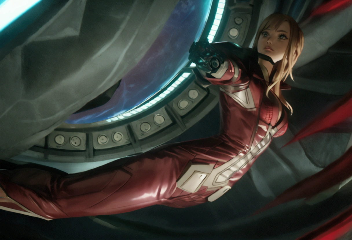 Arafed woman in a red leather jacket holding a green circular object, Kristanna Loken, film Frame of the Avengers, an Epic Sci-Fi Movie Still, Epic Sci-Fi Movie Still, Frame of the Avengers, science fiction movie still, in a science fiction movie, wonder movie still, as a retrofuturistic heroine, science fiction movie frame, Still image from IMAX movie