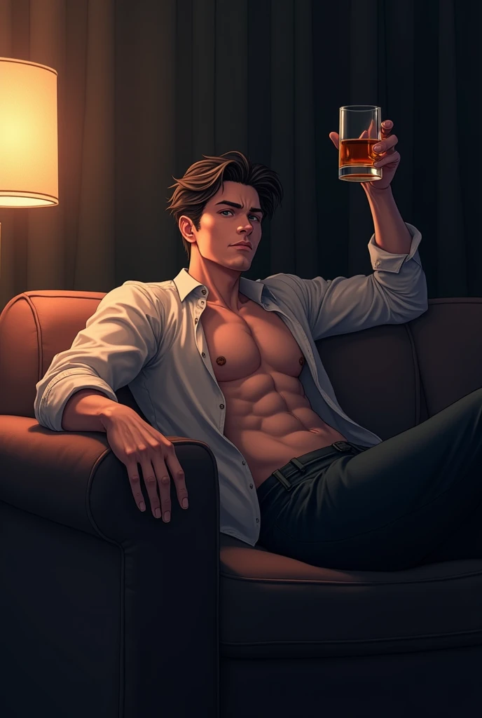 Male sitting on the couch with whiskey in their hand and the other hand rest on the couch anime