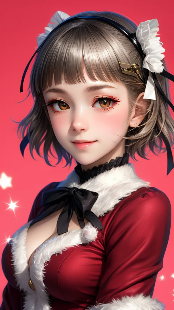 (((solo))), 1 woman, LOVELIVE! Sakuya Kurobane, sakuyaunif, kurobane_sakuya, short hair, grey hair, black hairband, blue hair flower, brown eyes, red eyeliner, chest, blush, smile, (upper body), santa claus