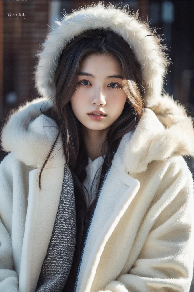 22 year old Japanese woman、(masterpiece,  best quality,  best quality,  Official Art,   Beautiful and Aesthetic:1.2),Cover art,Mysterious,Provocative,symbolic,Complex,  Details, White Fur Coat ,