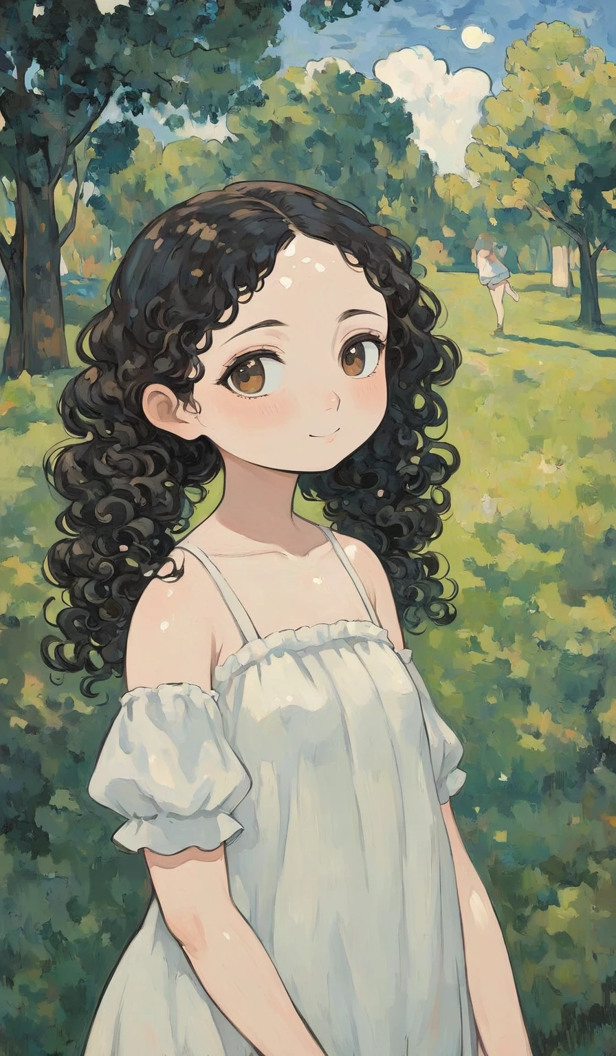 1 girl, little fat, little smile, brown eyes, forehead, black curly long hair, low twintails hair, outdoor, naked, small tits, midnight park, shy, looking away, Paul Cezanne: post-impressionism style, Henri Rousseau: Naïve art style,