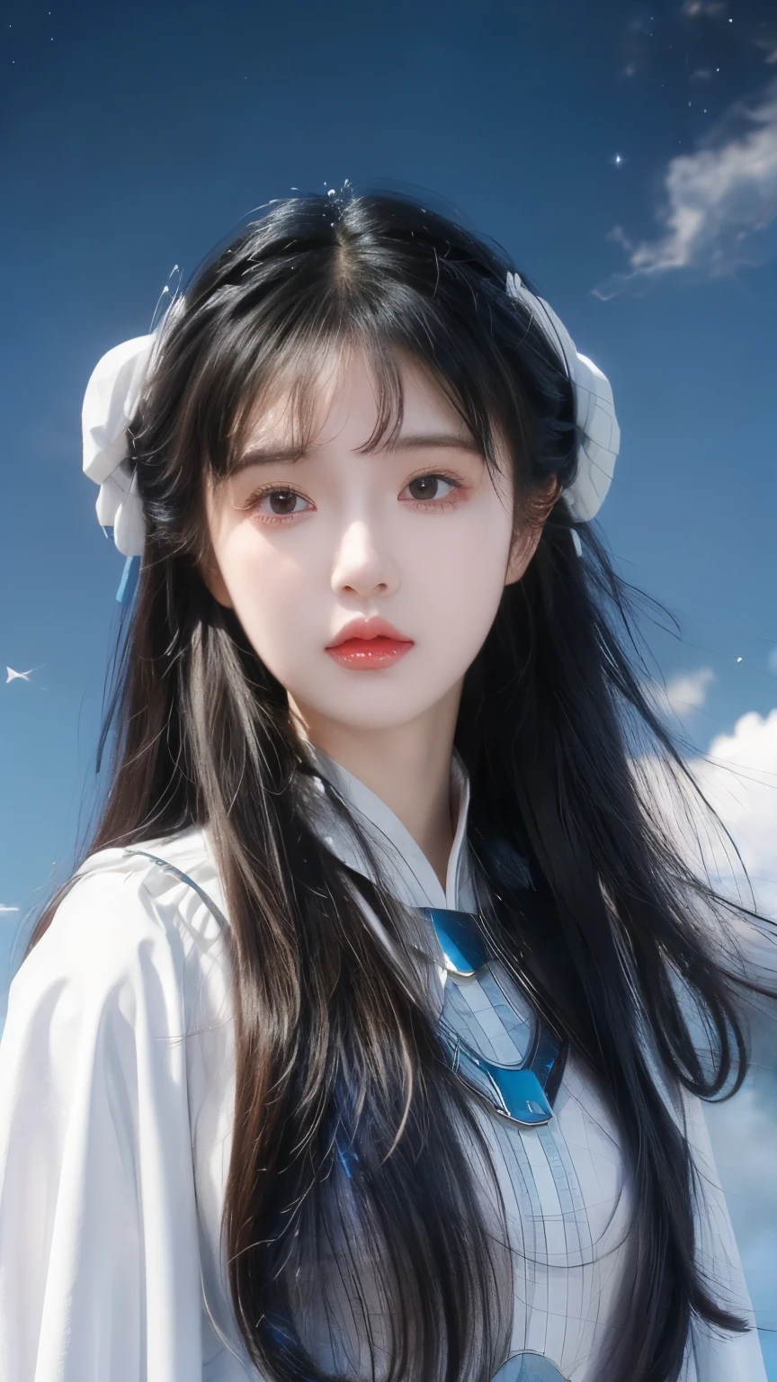 A woman with long black hair wearing a white hat and blue dress - SeaArt AI