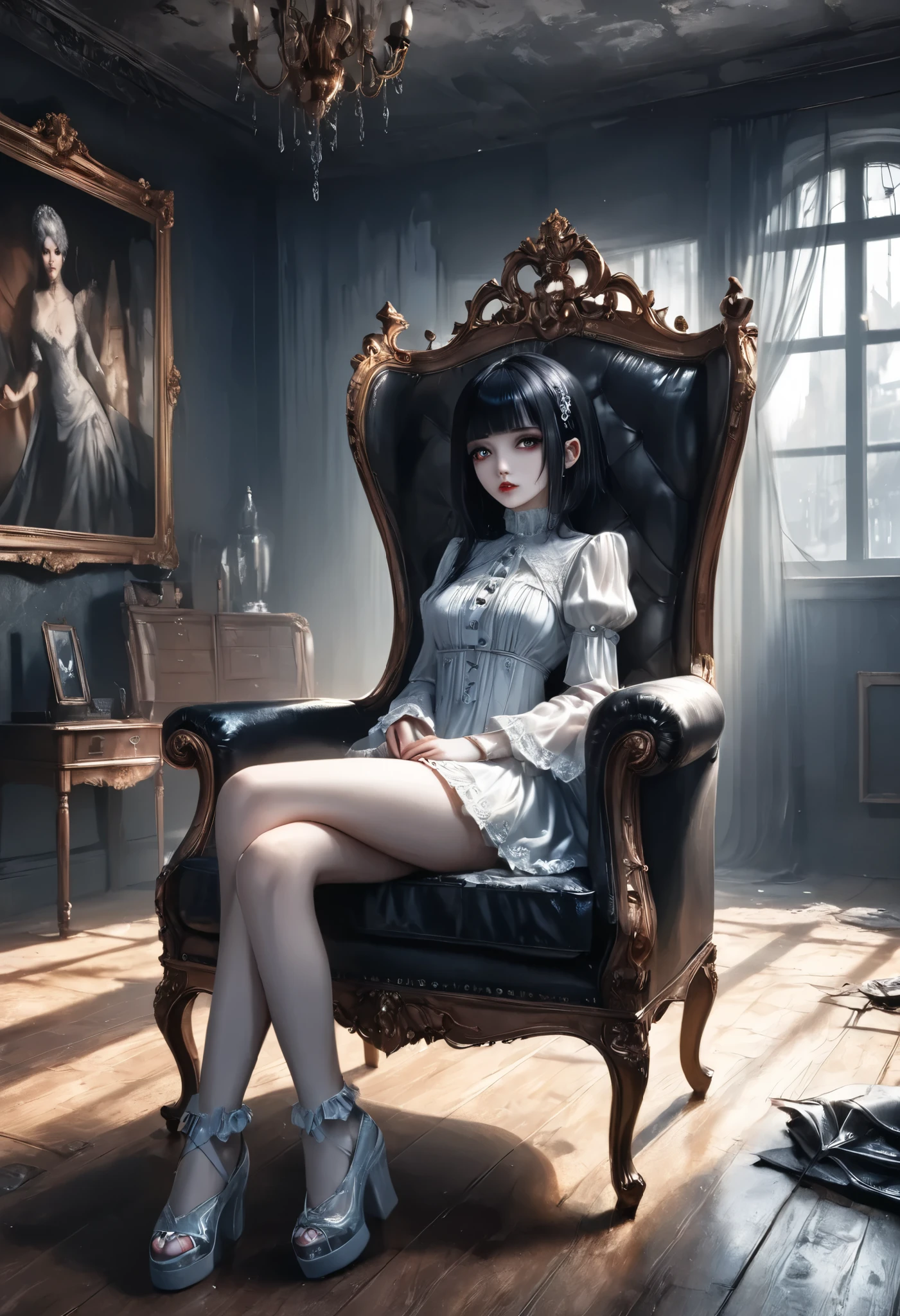 masterpiece, best quality, 8k, highres, ultra-detailed, HDR, UHD, 1girl,darkgothic,Transparent white skin,derelict room,sitting chair