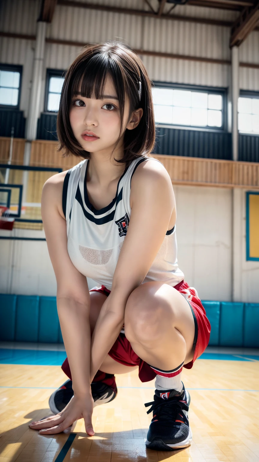 (Best Quality)), (Masterpiece), (Super Elaborate CG Unity 8K Wallpaper), (Realistic Shadows), (Depth of Field), (Gymnasium Background), (Cute Japan Women) (Face Details: 1.2), Normal Size, Female Volleyball Player, (Red and White Tight and Off-Shoulder Unifom with High Adhesion: 1.4), (Bikini Black Ballet Shorts: 1.4), Baby Face, Serious Expression, Short Hair, Strong Thighs, wide shoulders, tall stature, do not look at the camera, non-subjective, do not look at the viewer, soaked, white volleyball, white socks, white sneakers, open leg stretch, preparatory exercise,