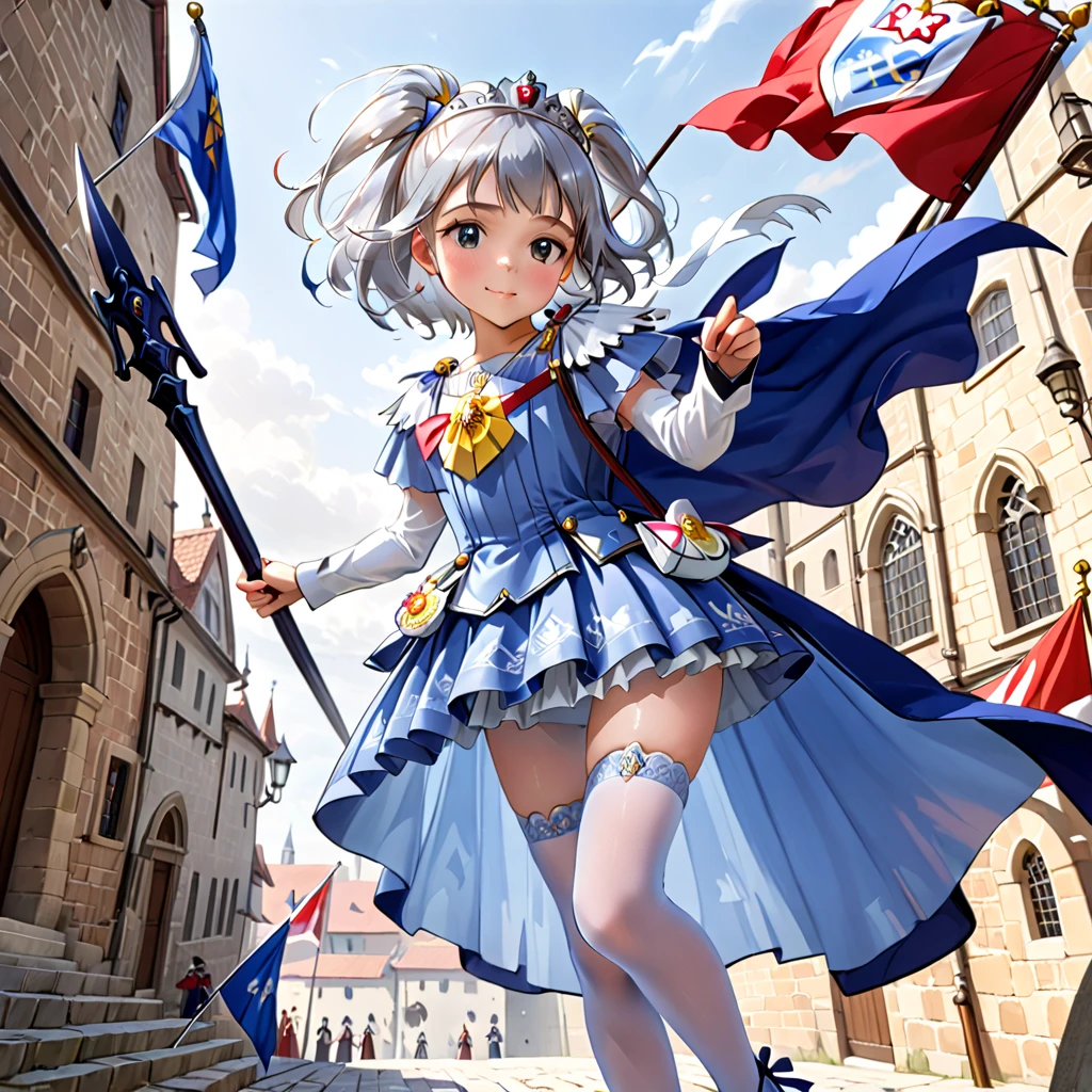 (   is a very detailed CG octane rendering 8K wallpaper with a long spear ),   World's Most Beautiful Artwork  ,  A flag with a coat of arms attached to a long spear, Complex,   high detail, ８The year-old princess  , Silver embroidery,  Medieval Long Dress（With panniers）, cotton cloth,  raised skirt showing off a beautiful pussy , Strong winds, Transparent slip, Translucent Tights  , Peeking from below,  best quality, Disarray of clothing,   thighs, knight , Skirt lining, Bloomersー、Mithril Armor 、 with a flag attached to a long spear 、、Ramparts、Bloomers
