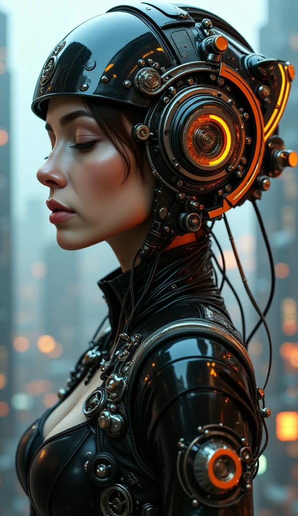 The image is a close-up portrait of a young woman's face and upper body. She is wearing a futuristic helmet with orange and black accents. The helmet is made up of various electronic components, including wires, cables, and gears. The woman's eyes are closed and her expression is peaceful and serene. The background is blurred, but it appears to be a cityscape with buildings and skyscrapers. The overall mood of the image is futuristic and futuristic.