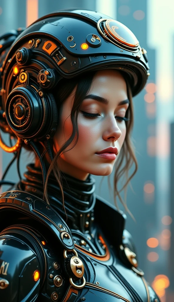 The image is a close-up portrait of a young woman's face and upper body. She is wearing a futuristic helmet with orange and black accents. The helmet is made up of various electronic components, including wires, cables, and gears. The woman's eyes are closed and her expression is peaceful and serene. The background is blurred, but it appears to be a cityscape with buildings and skyscrapers. The overall mood of the image is futuristic and futuristic.