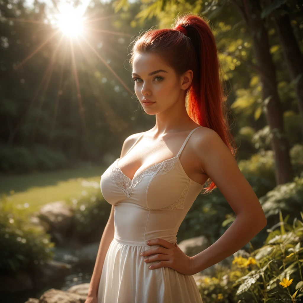 (8k, RAW photo, highest quality) depth of field, bokeh, 8K, HDR, cinematic rendering, a portrait of a 22-year-old redhead, framing from the navel, some small freckles, dressed in skintight translucent ultra thin cloth, peeled off, leaning against a tree in the wilderness, goosebumps, cinematic, faded colors, dark shot, muted colors, grainy film, read, crazy details, intricate details, hyperdetailed, sunset, shyness, seduction, romance, looks at the camera lens lovingly, no visible hand