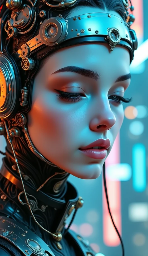 The image is a close-up portrait of a young woman's face and upper body. She is wearing a futuristic helmet with orange and black accents. The helmet is made up of various electronic components, including wires, cables, and gears. The woman's eyes are closed and her expression is peaceful and serene. The background is blurred, but it appears to be a cityscape with buildings and skyscrapers. The overall mood of the image is futuristic and futuristic.