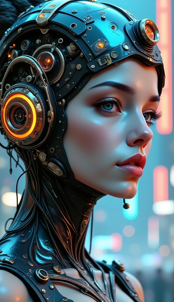 The image is a close-up portrait of a young woman's face and upper body. She is wearing a futuristic helmet with orange and black accents. The helmet is made up of various electronic components, including wires, cables, and gears. The woman's eyes are closed and her expression is peaceful and serene. The background is blurred, but it appears to be a cityscape with buildings and skyscrapers. The overall mood of the image is futuristic and futuristic.