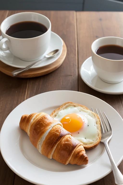  ham and egg on a white plate ,  black and even a cup pan, Breakfast, Fresh baked croissants on a white plate on a large wooden table , Morning view ,