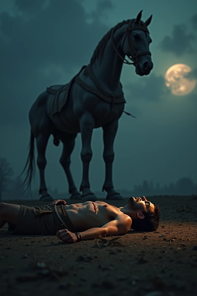 A barefoot man running after a horse, his feet covered in blood, in the middle of the forest, above the white flowers and the white horse, the moon and the sun at sunrise, a real scene.
