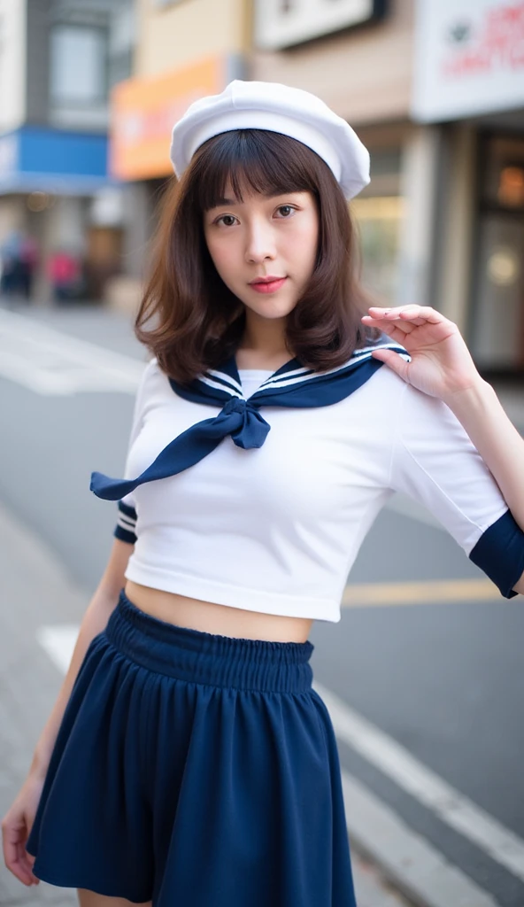 (​masterpiece:1.3), (8K, Photorealsitic, Raw photography, Top image quality: 1.4), japanes, (1girl in), beauitful face, (Lifelike face), Beautiful hairstyle, realisitic eyes, Eyes in Beautiful Details, (realisitic skin), Beautiful skins, enticing, 超hight resolution, super realistic, high detailing, the golden ratio, (Detal Face:1.2), see the beholder,masutepiece, Best Quality, Ultra-detailed, finely detail, hight resolution, Composition of the whole body、Open Legs Pose、Bold legs open、Beautiful detailed eyes, fitness wear, Natural Color Lip,Photorealsitic、realisitic、solo、Photorealsitic、top-quality、extra detailed face、extremely detailed eye and face、beatiful detailed eyes、absurderes、incredibly absurderes、hair messy、Floating hair、Brown hair、Wavy hairstyle、Middle hair、(extremely details CG、8K Picture Wallpaper)、(extremely delicate and beautiful)、(​masterpiece)、(top-quality:1.0)、(超hight resolution:1.0)、beautiful lighting、perfect lightning bolt、realisitic shadow、[hight resolution]、Detailed skin、Ultra-detailed細、detailed faces and eyes、Realistic eyes、Beautiful face with sharp eyes、plein air、Downtown Japan、In the hustle and bustle、blurry backround、shinny skin、Blunt bangs、Red Eye、(a sailor suit1.2)、a sailor suit、Super high quality photos, The 8k quality, plein air―, Full body composition, looking in camera, Japan 20-year-old woman, Perfect beauty, Pore-visible texture, Perfect facial features, clear bare skin, clear bare skin, Beautiful toned body, muscular, slender, Poor breasts, Toned buttocks with small breasts、Small weavers at a Japanese school, Seamless design, ((((Monochromatic bloomers, Bloomers are dark blue, tight fitted、Bloomers are elastic fabrics、The length of the bloomer is from the navel３ｃｍThe following degrees,))))) )Legs wide open、、deadpan、(Face turned to the side、))(((Outerwear Sarah Clothes))))