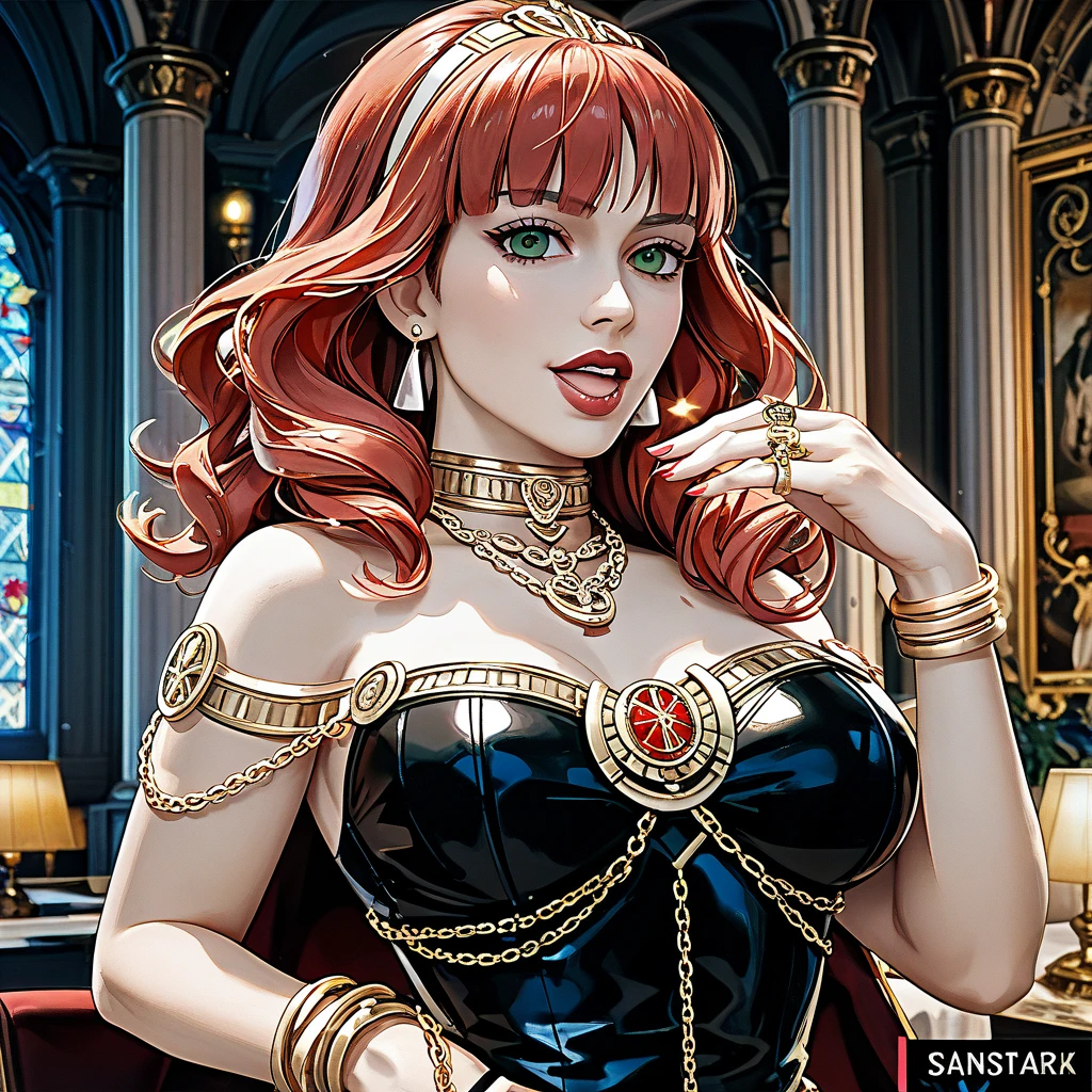 The woman who is the mistress of the mafia has beautiful red hair, is a gorgeous see-through bodycon dress with vulgar, flashy, shiny gold, and is adorned with earrings, bangles, rings, and luxurious accessories such as necklaces and waist chains, and as the mistress of a strong black mafia man wearing a gorgeous costume together on a gorgeous bed, lovingly fellatio on a black mafia man's dick, and ejaculates profusely to satisfy the man、(( best quality)), ((masterpiece)), ( Details), （ perfect face）,The woman who became a member of the Mafia family, both physically and mentally, is a red-haired Celica with outstanding proportions 