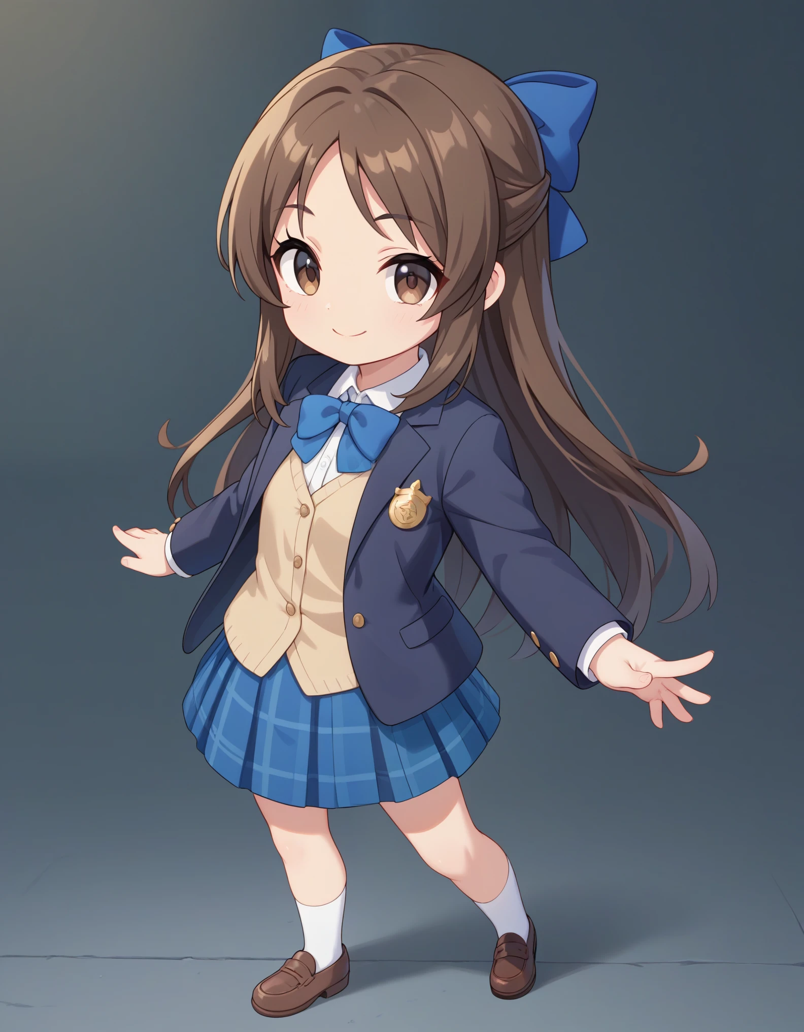 best quality,masterpiece,   4k, best quality 
1girl, solo,tachibana arisu, brown hair, brown eyes, long hair, blue hair ribbon, bang, dark brown blazer, tan color vest , white collared shirt, blue bowtie, blue plaid skirt, opened jacket, white socks, brown shoes,hair bow, standing, fullbody,smile, cowboy shot,  looking at viewer, chibi, chibi style 
