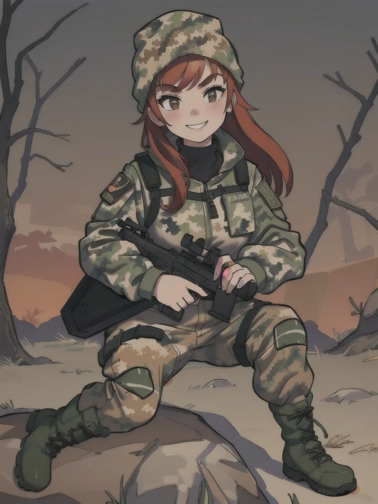 girl with smile and red hair, with a camouflage jacket, tactical glovers, camouflage balaclava, camouflage pants and army boots, forest, autumn,