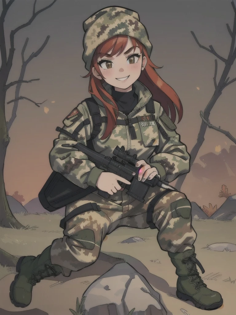 girl with smile and red hair, with a camouflage jacket, tactical glovers, camouflage balaclava, camouflage pants and army boots, forest, autumn,