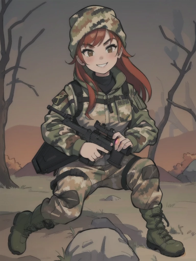 girl with smile and red hair, with a camouflage jacket, tactical glovers, camouflage balaclava, camouflage pants and army boots, forest, autumn,