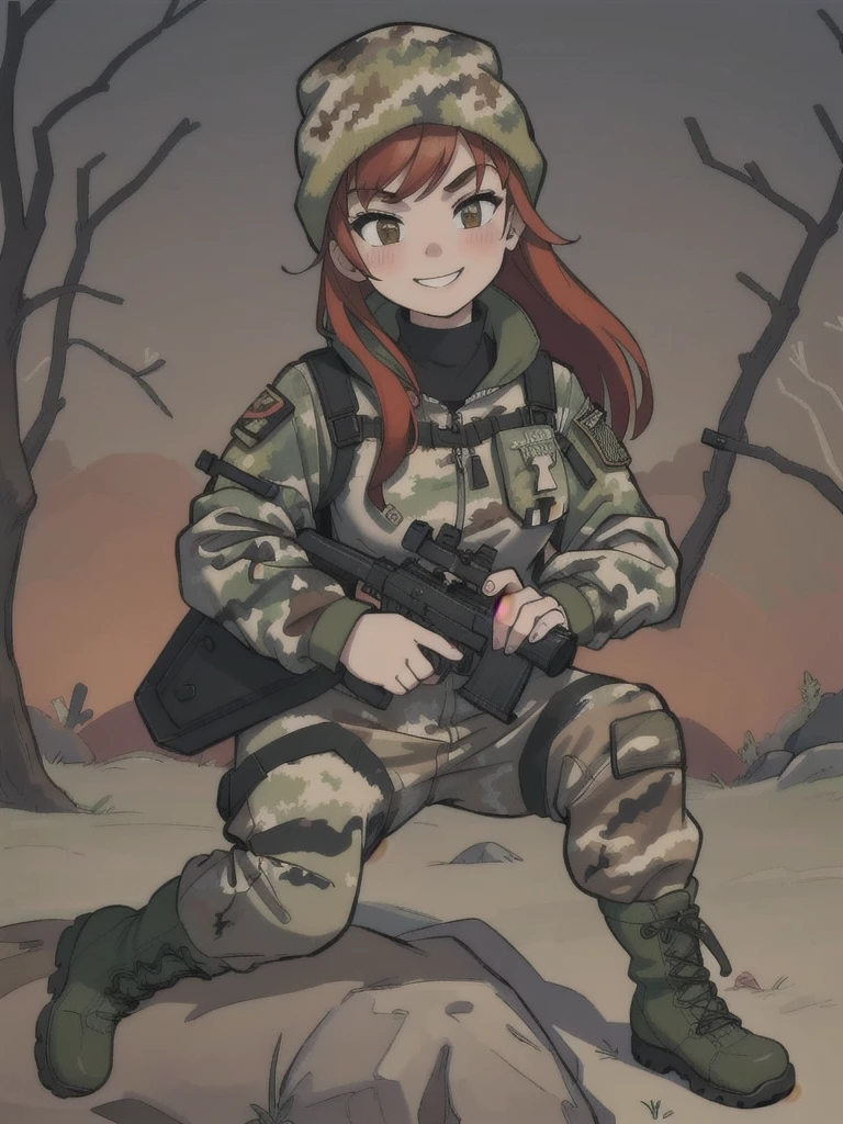 girl with smile and red hair, with a camouflage jacket, tactical glovers, camouflage balaclava, camouflage pants and army boots, forest, autumn,